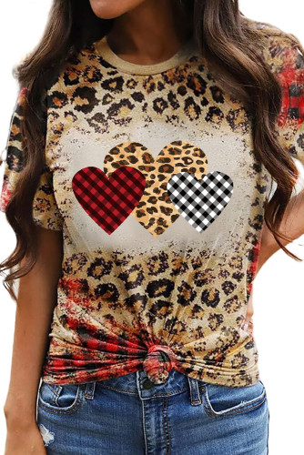 Leopard Plaid Heart Shaped Bleached Short Sleeve T Shirt LC25219781-20
