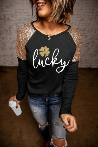 Black Lucky Glitter Graphic Print Sequin Patchwork Top LC25120134-2