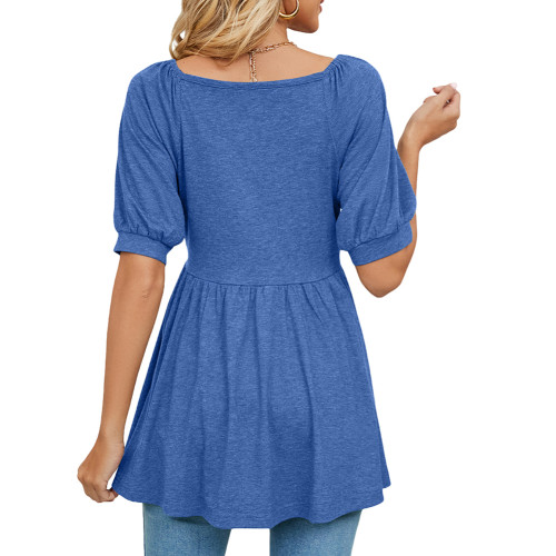 Blue Solid Puff Sleeve V Neck Tunic Tops TQX210209-5