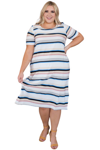 Striped Print Splits Short Sleeve Plus Size Midi Dress PL61334-19