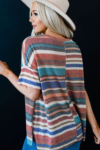 Multicolor Striped Loose T-shirt with Slits LC25219058-22