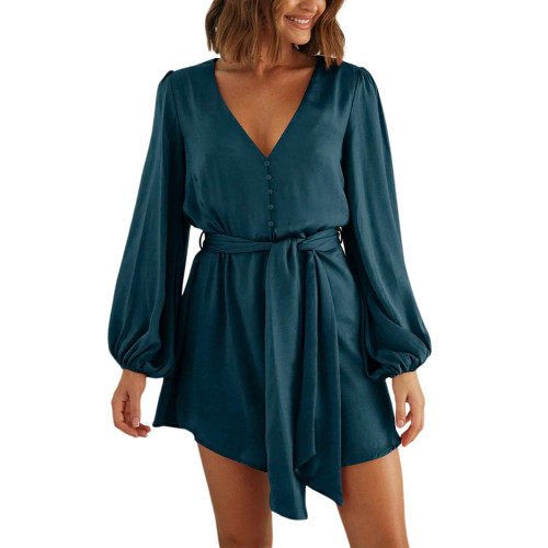 Peacock Blue Puff Sleeve V Neck Button Belted Mini Dress  TQK311458-68