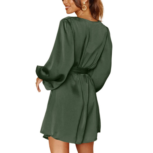 Army Green Puff Sleeve V Neck Button Belted Mini Dress  TQK311458-27