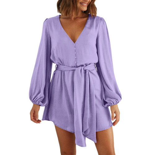 Light Purple Puff Sleeve V Neck Button Belted Mini Dress  TQK311458-38