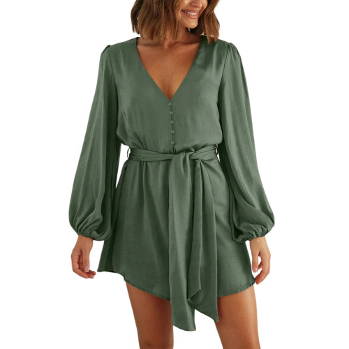 Army Green Puff Sleeve V Neck Button Belted Mini Dress  TQK311458-27