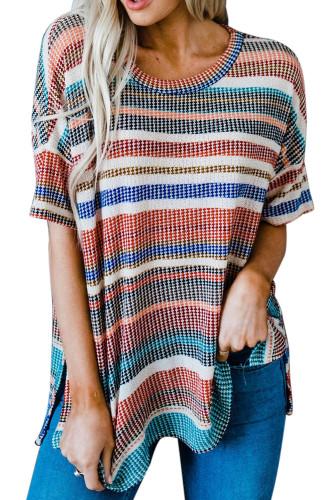 Multicolor Striped Loose T-shirt with Slits LC25219058-22