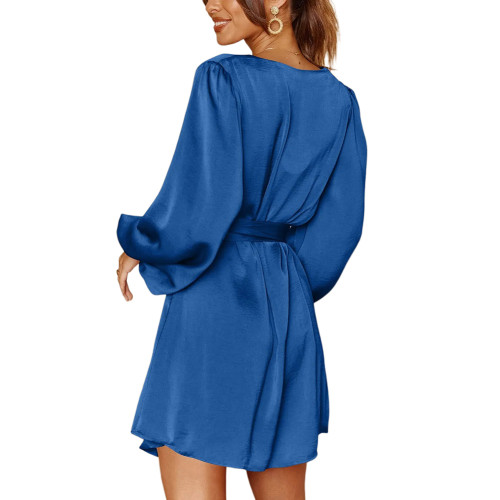 Blue Puff Sleeve V Neck Button Belted Mini Dress TQK311458-5