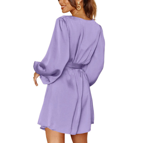 Light Purple Puff Sleeve V Neck Button Belted Mini Dress  TQK311458-38
