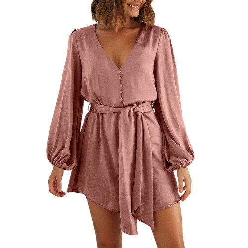 Pink Puff Sleeve V Neck Button Belted Mini Dress  TQK311458-10