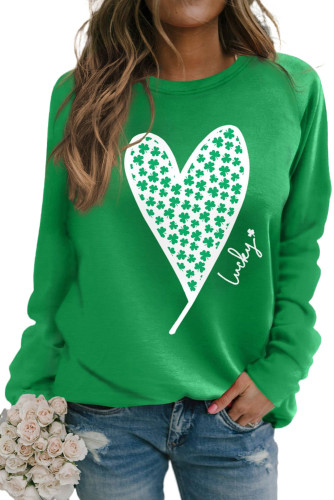 Green Lucky Clover Heart Graphic Raglan Sleeve Sweatshirt LC25314342-9