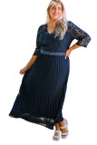 Blue Lace Scalloped V Neck 3/4 Sleeves Pleated Tulle Plus Maxi Dress PL61134-5