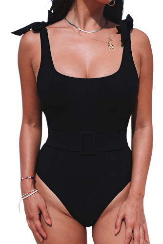 Black Tie Straps Buckle Waistband Ribbed One Piece Swimsuit LC443402-2