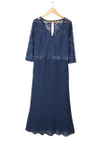 Blue Lace Scalloped V Neck 3/4 Sleeves Pleated Tulle Plus Maxi Dress PL61134-5