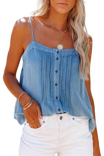 Sky Blue Pleated Buttons Denim Tank Top LC7821028-4