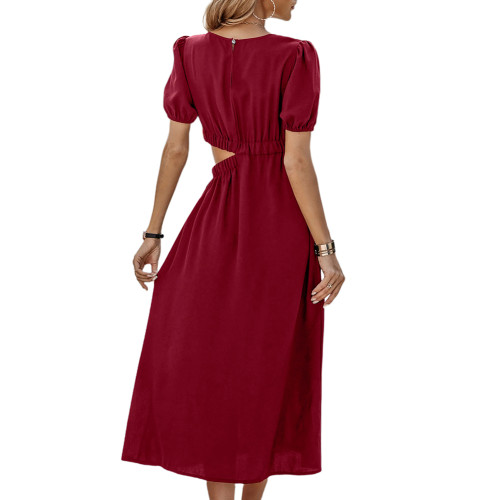 Burgundy Cut-out Short Sleeve Casual Dress TQK311462-23