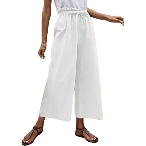 White Solid Tie Waist Wide Leg Casual Pants TQX511044-1