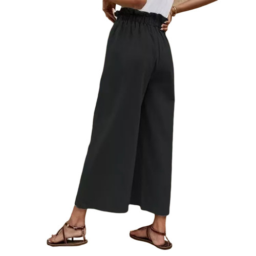 Black Solid Tie Waist Wide Leg Casual Pants TQX511044-2