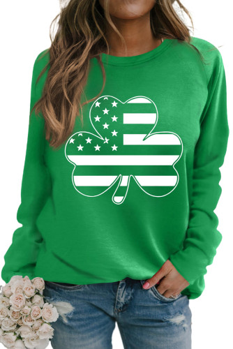 Green Raglan Sleeve Stripes Stars Clover Graphic Sweatshirt LC25314401-9