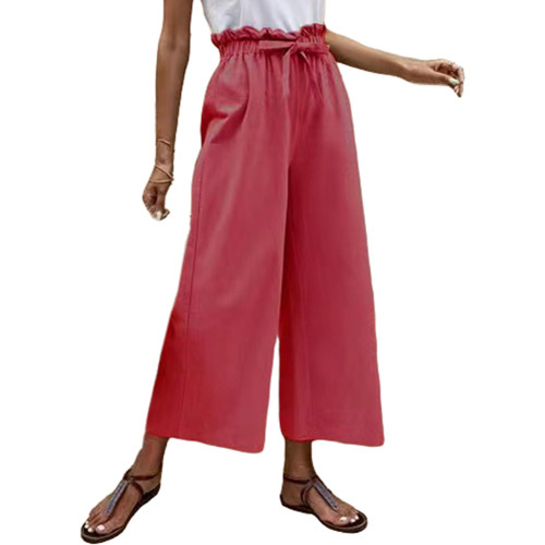 Red Solid Tie Waist Wide Leg Casual Pants TQX511044-3