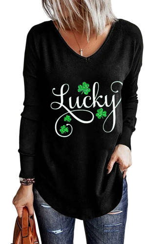 Black St. Patrick Lucky Clover Glitter Graphic Print V Neck Top LC25120133-2