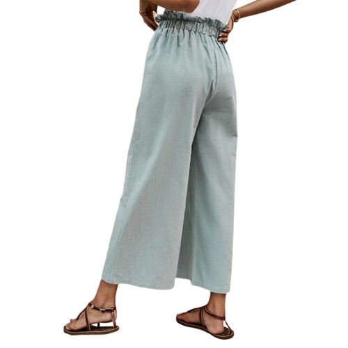 Pea Green Solid Tie Waist Wide Leg Casual Pants TQX511044-64