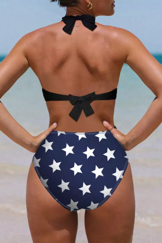 Blue Stars and Stripes Patchwork Flag Pattern Bikini Swimsuit LC433696-5