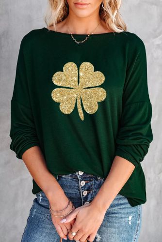 Green Boat Neck Glitter Clover Graphic Long Sleeve Top LC25120190-9