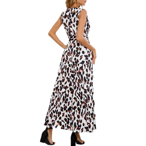 Leopard Print V Neck Sleeveless Tie Waist Maxi Dress TQK311464-1