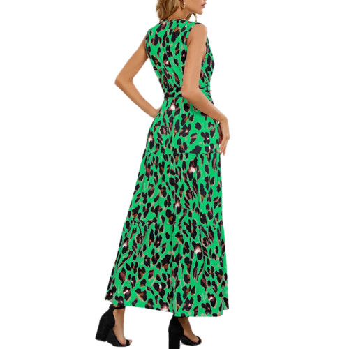 Green Leopard Print V Neck Sleeveless Tie Waist Maxi Dress TQK311464-9