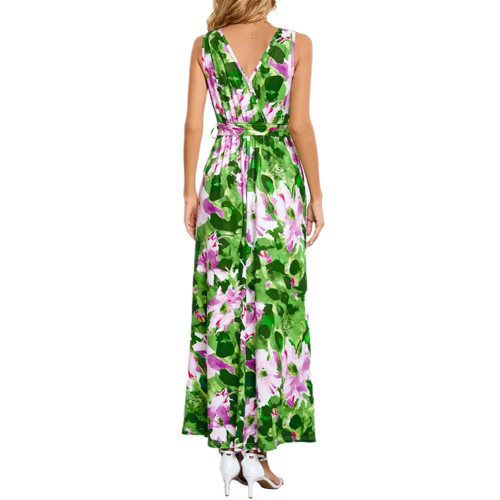Green Bohemia Print V Neck Split Maxi Dress TQK311463-9