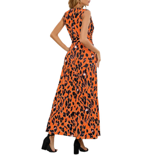 Orange Leopard Print V Neck Sleeveless Tie Waist Maxi Dress TQK311464-14