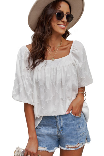 White Lush Printed Balloon Sleeve Ruched Chiffon Top LC25114489-1