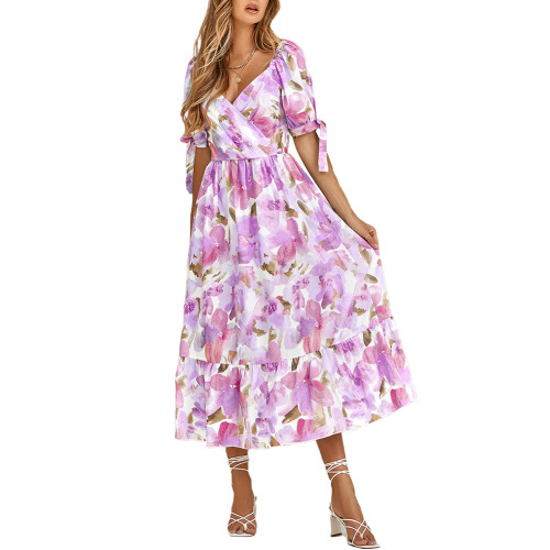 Purple Pink Floral Print Puff Sleeve Long Dress TQK311466-59