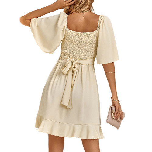 Apricot V Neck Slim Waist Short Sleeve Mini Dress TQK311467-18