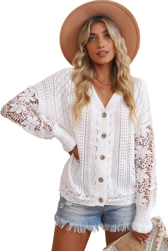 White Lace Crochet Hollow Out Knit Buttoned Sweater LC271678-1