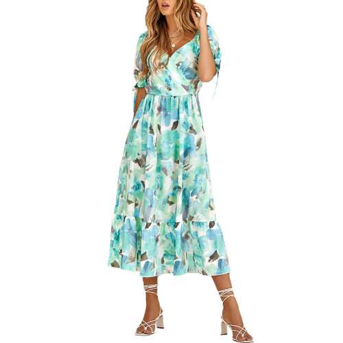 Blue-green Floral Print Puff Sleeve Long Dress  TQK311466-45