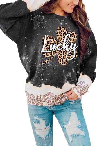 Black Lucky Clover Leopard Bleached Graphic Sweatshirt LC25314375-2