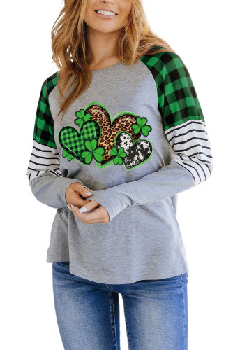 Green Multi Heart Lucky Clover Graphic Plaid Stripe Sleeve Top LC25314399-9