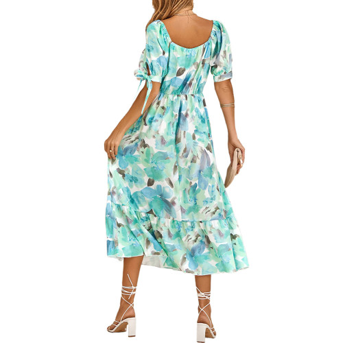 Blue-green Floral Print Puff Sleeve Long Dress  TQK311466-45
