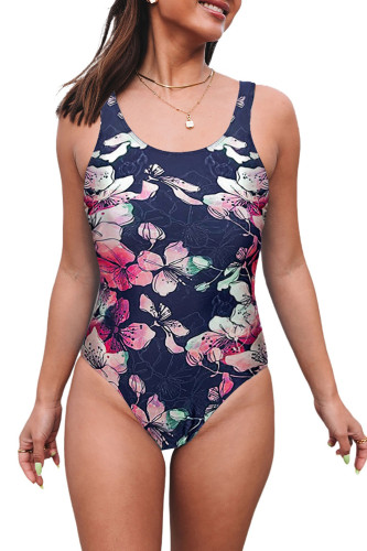 Floral Print Criss Cross U-neck One-piece Swimsuit LC44779-3