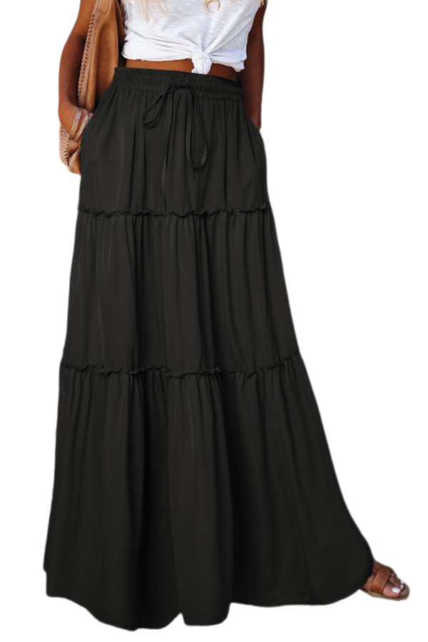 Black Frill Tiered Drawstring Waist Maxi Skirt LC721189-2