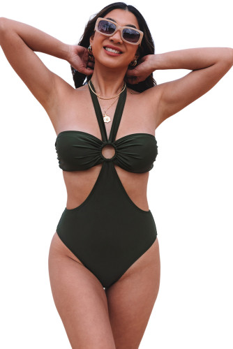 Green Halter O-ring Ruched Bust One Piece Swimsuit LC443451-9