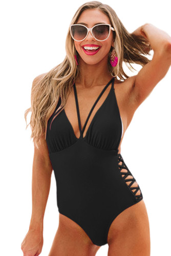 Black Criss Cross Backless Deep V Neck One Piece Swimsuit LC443416-2