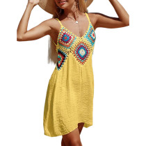 Yellow Crochet V Neck Cover Ups Beach Dress TQK311479-7