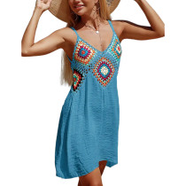 Blue Crochet V Neck Cover Ups Beach Dress TQK311479-5