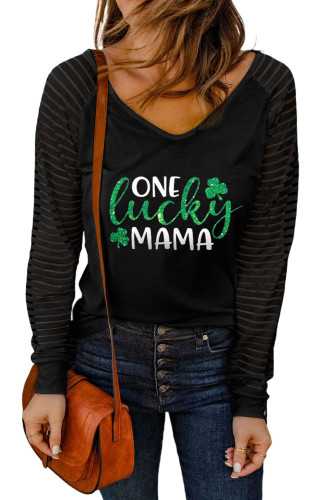 Black ONE Lucky MAMA Glitter Graphic Mesh Long Sleeve Top LC25120290-2