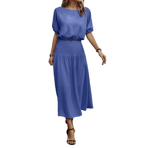 Blue Pleated Crop Top with Skirt Set TQX711094-5