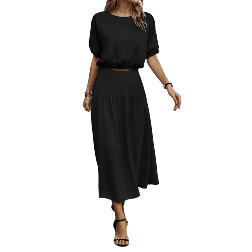 Black Pleated Crop Top with Skirt Set TQX711094-2