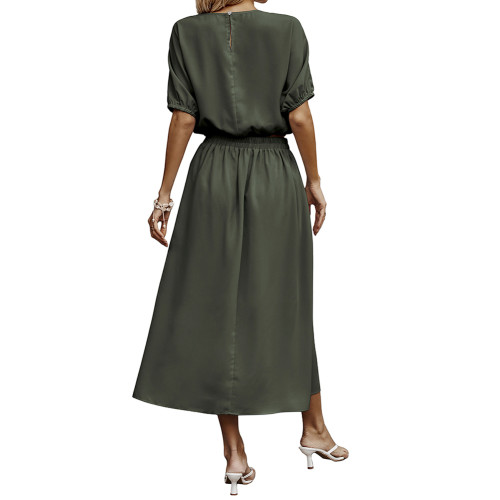 Army Green Pleated Crop Top with Skirt Set TQX711094-27