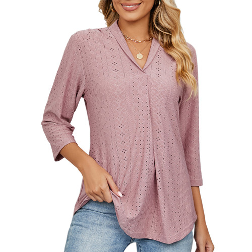Dusty Pink Lapel V Neck Pleated Long Sleeve Tops TQX210225-71